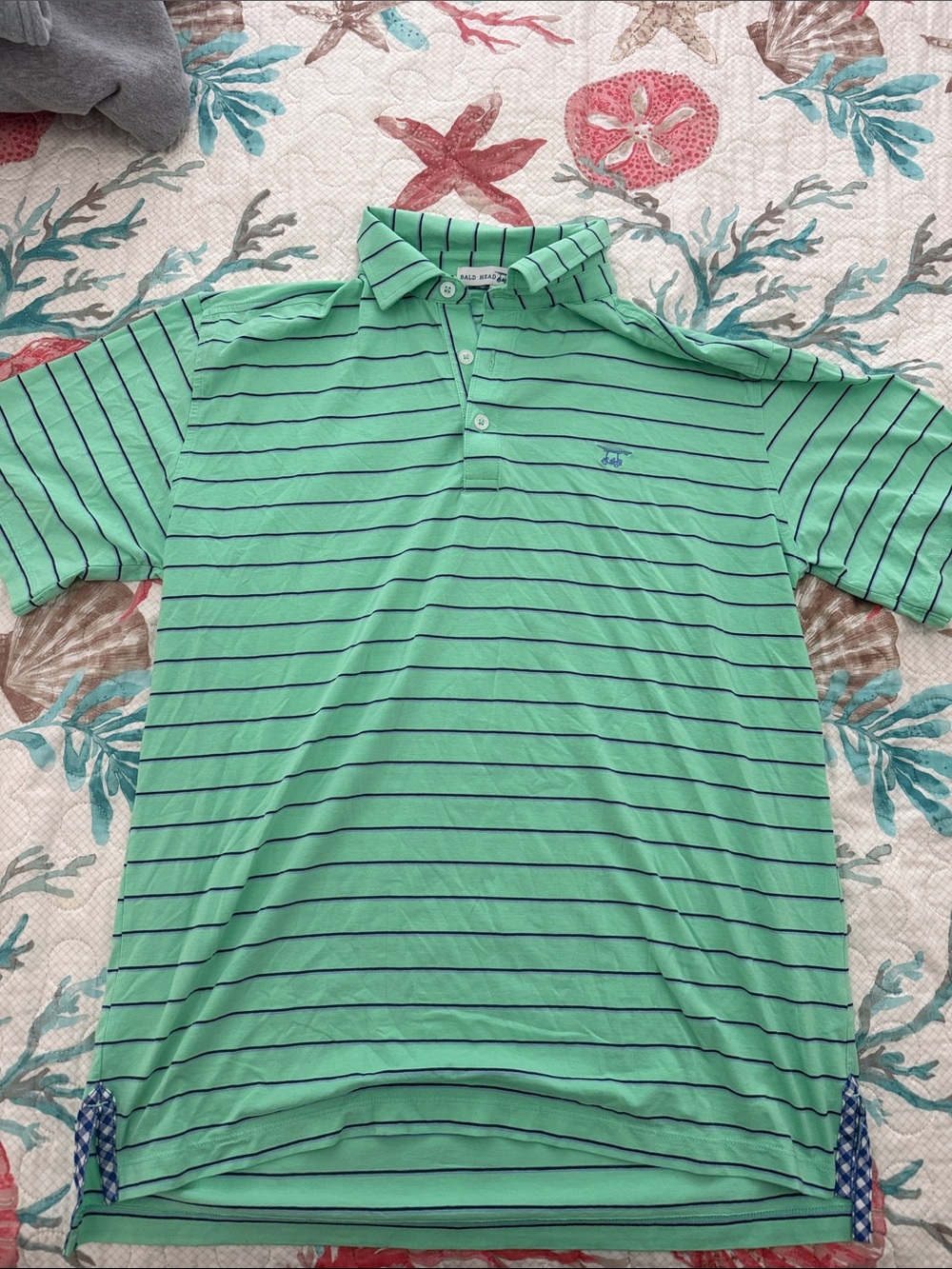 Bald Head Blues Green collared shirt with navy/baby blues stripes